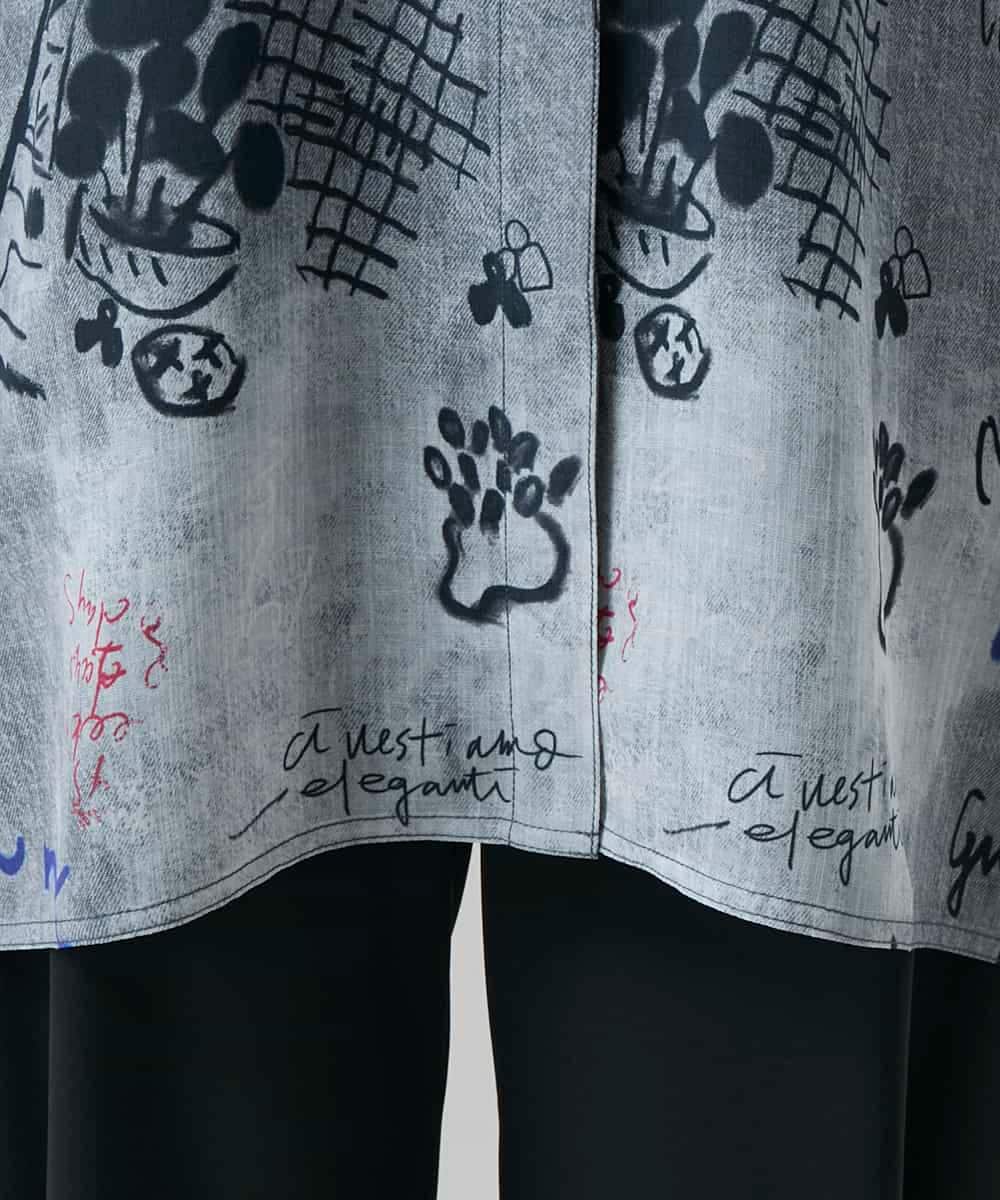 RSBGF04590 TRUNK HIROKO KOSHINO(ヒロココシノ) デニム風アートプリントロングシャツ ブラック