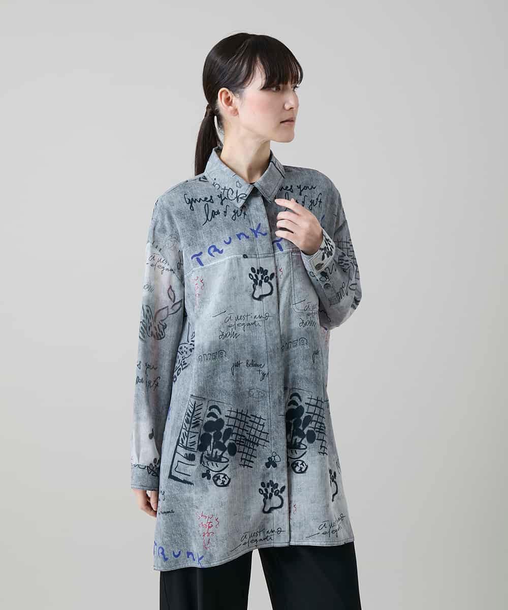 RSBGF04590 TRUNK HIROKO KOSHINO(ヒロココシノ) デニム風アートプリントロングシャツ ブラック
