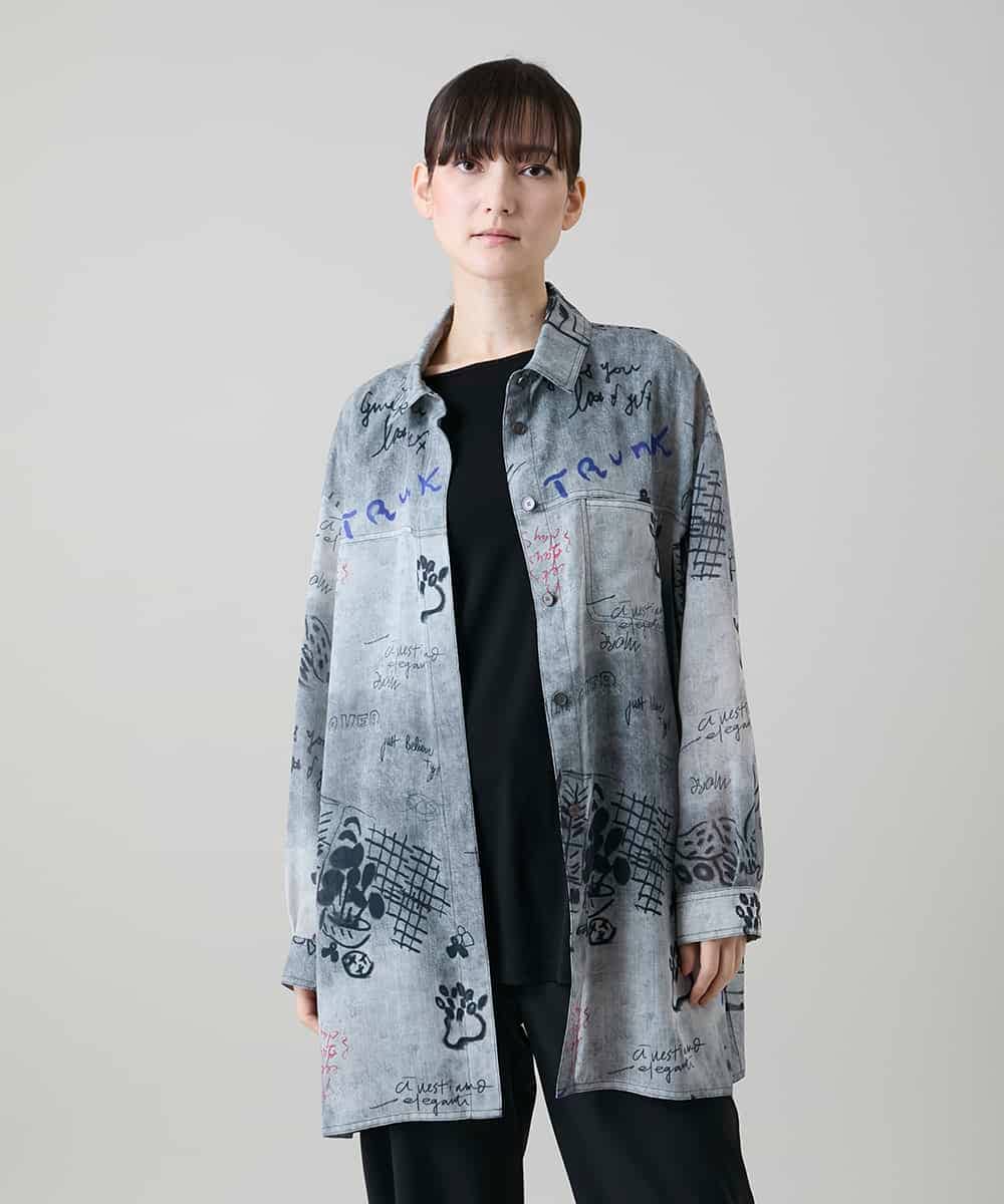 RSBGF04590 TRUNK HIROKO KOSHINO(ヒロココシノ) デニム風アートプリントロングシャツ ブラック