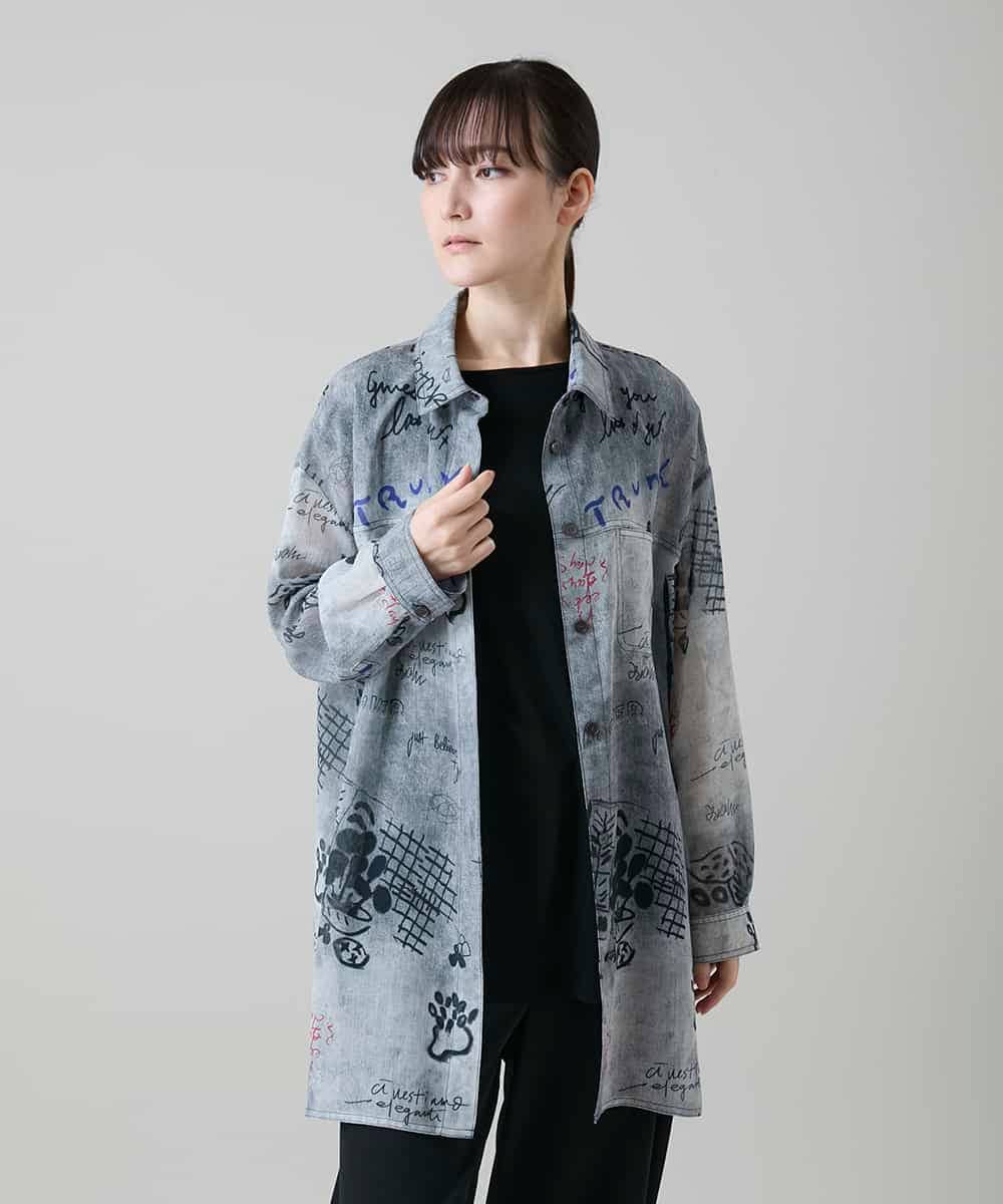 RSBGF04590 TRUNK HIROKO KOSHINO(ヒロココシノ) デニム風アートプリントロングシャツ ブラック