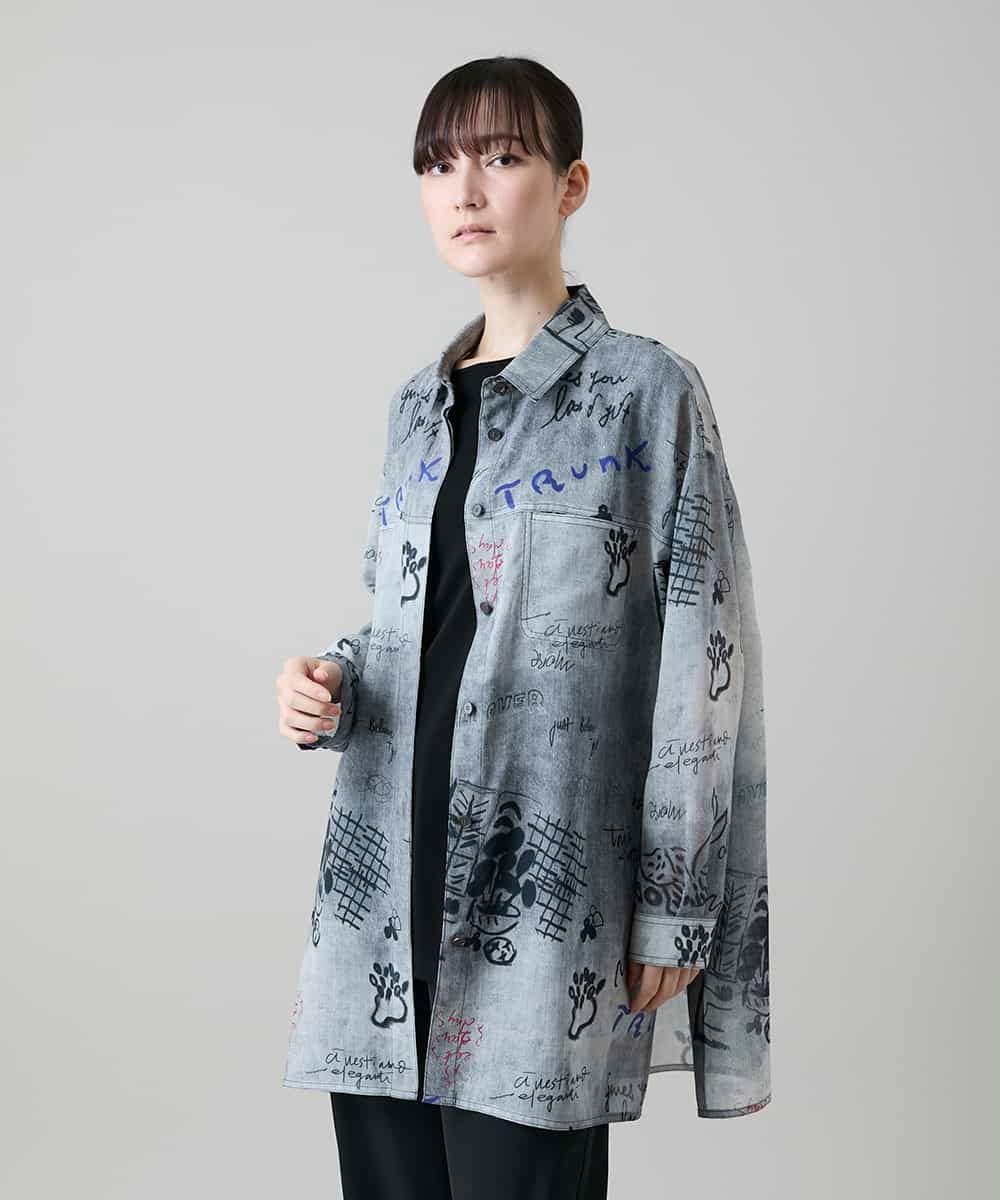RSBGF04590 TRUNK HIROKO KOSHINO(ヒロココシノ) デニム風アートプリントロングシャツ ブラック