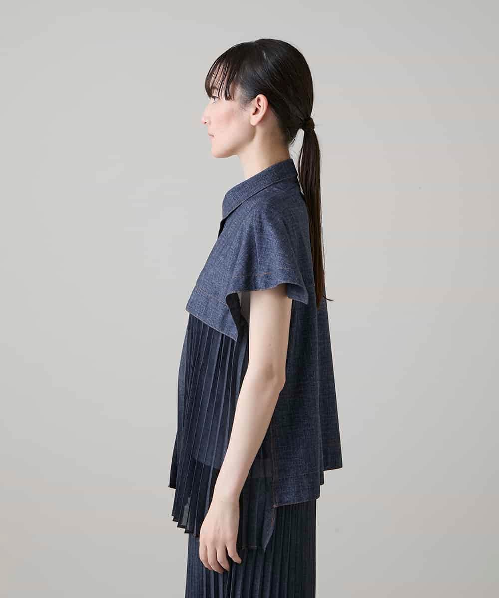 RSBHE05460 TRUNK HIROKO KOSHINO(ヒロココシノ) 異素材ジョイントプリーツデニムブラウス/洗える ブルー