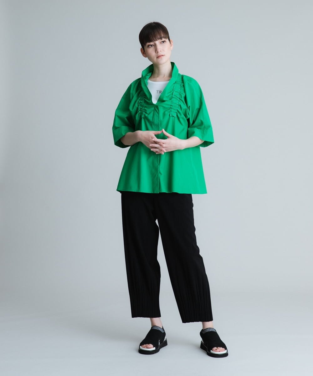 RSBHT07390 TRUNK HIROKO KOSHINO(ヒロココシノ) 【洗濯機で洗える】フリルギャザーデザインブラウス グリーン