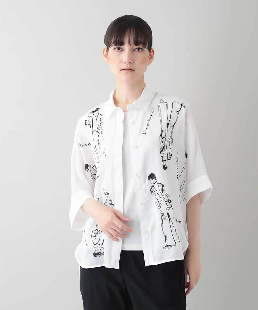 RSBIC12430 TRUNK HIROKO KOSHINO(ヒロココシノ) デザイン画プリントシャツ/日本製/洗える ホワイト