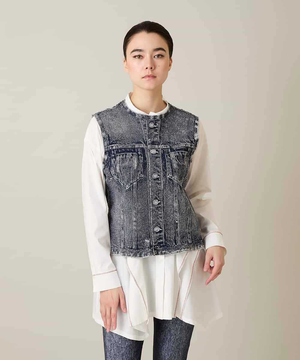 RSDFD22490 TRUNK HIROKO KOSHINO(ヒロココシノ) 立体ストレッチデニムノーカラーベスト/日本製/洗える ネイビー