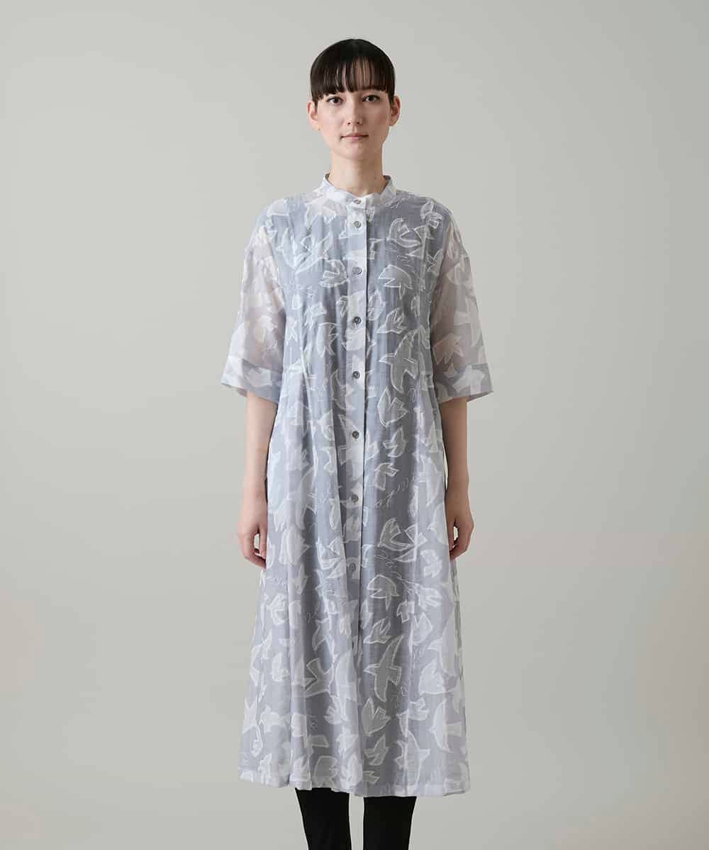 RSEGF50590 TRUNK HIROKO KOSHINO(ヒロココシノ) かもめロゴ総柄タックワンピース /洗える ライトグレー