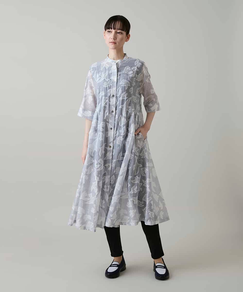 RSEGF50590 TRUNK HIROKO KOSHINO(ヒロココシノ) かもめロゴ総柄タックワンピース /洗える ライトグレー