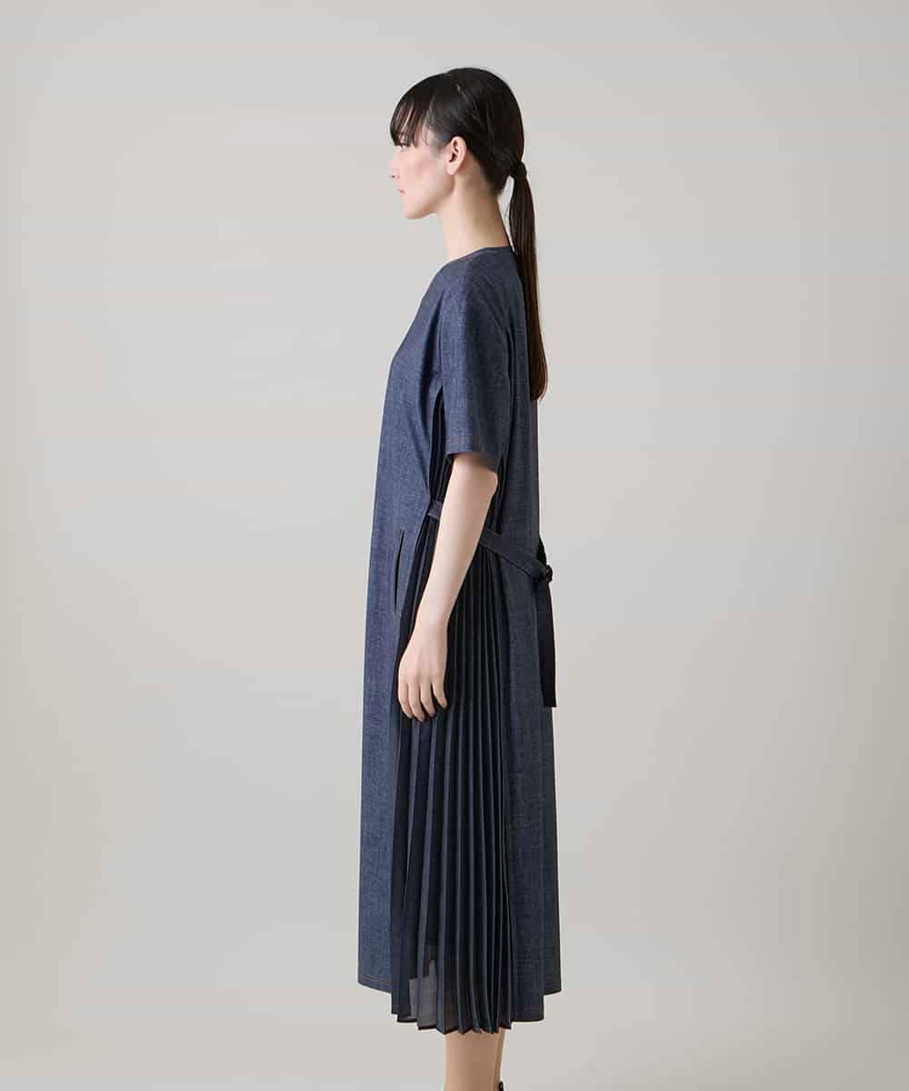 RSEHE06660 TRUNK HIROKO KOSHINO(ヒロココシノ) 異素材ジョイントサイドプリーツデニムワンピース/洗える ブルー