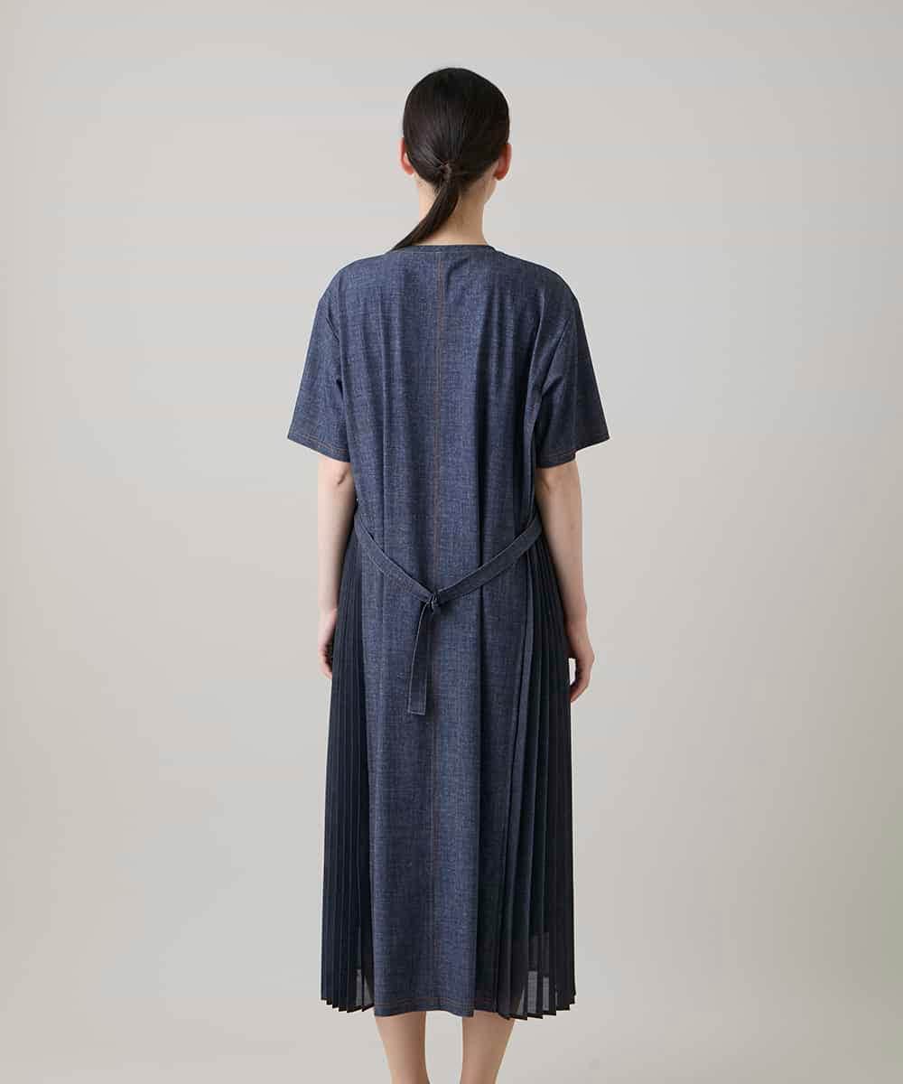 RSEHE06660 TRUNK HIROKO KOSHINO(ヒロココシノ) 異素材ジョイントサイドプリーツデニムワンピース/洗える ブルー