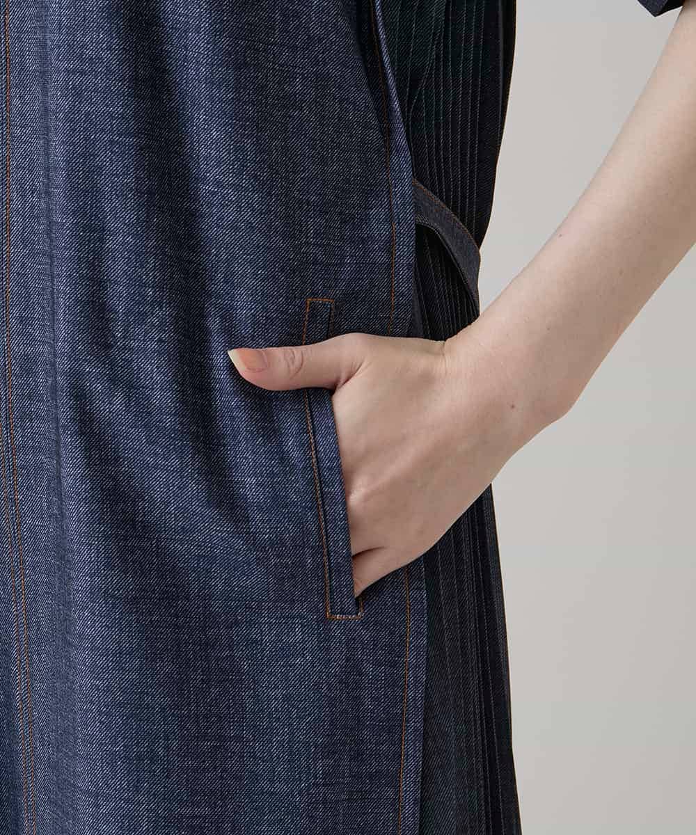 RSEHE06660 TRUNK HIROKO KOSHINO(ヒロココシノ) 異素材ジョイントサイドプリーツデニムワンピース/洗える ブルー