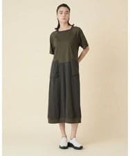 RSEIE02630 TRUNK HIROKO KOSHINO(ヒロココシノ) 異素材コンビ配色ワンピース/洗える カーキ