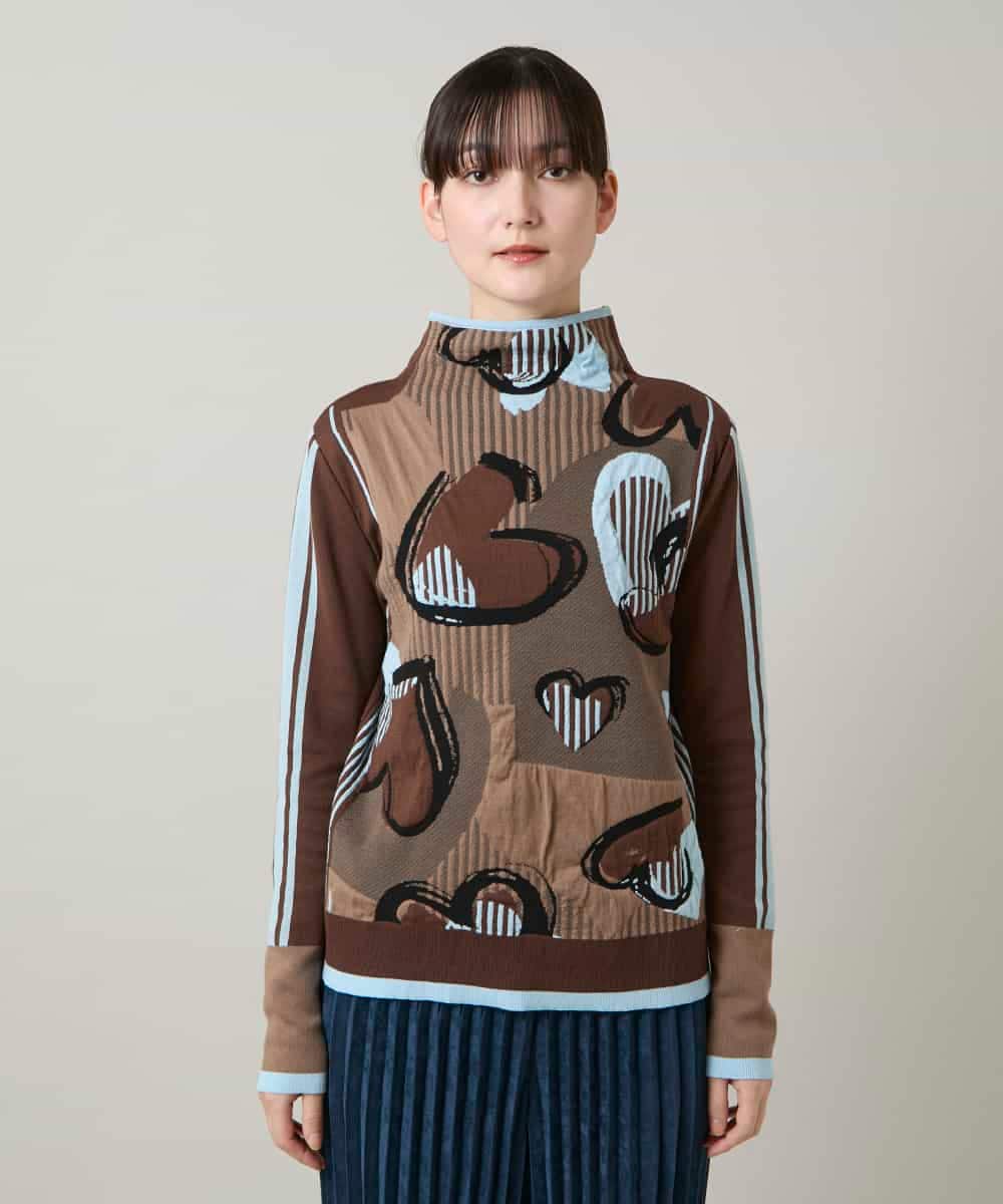 RSFCD02390 TRUNK HIROKO KOSHINO(ヒロココシノ) ハートモチーフジャカードニットプルオーバー /日本製/洗える ブラウン