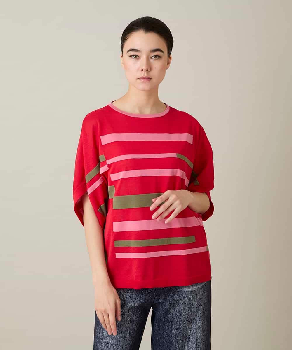 RSFFD23360 TRUNK HIROKO KOSHINO(ヒロココシノ) ハイゲージカラーブロックニットプルオーバー/日本製/洗える レッド