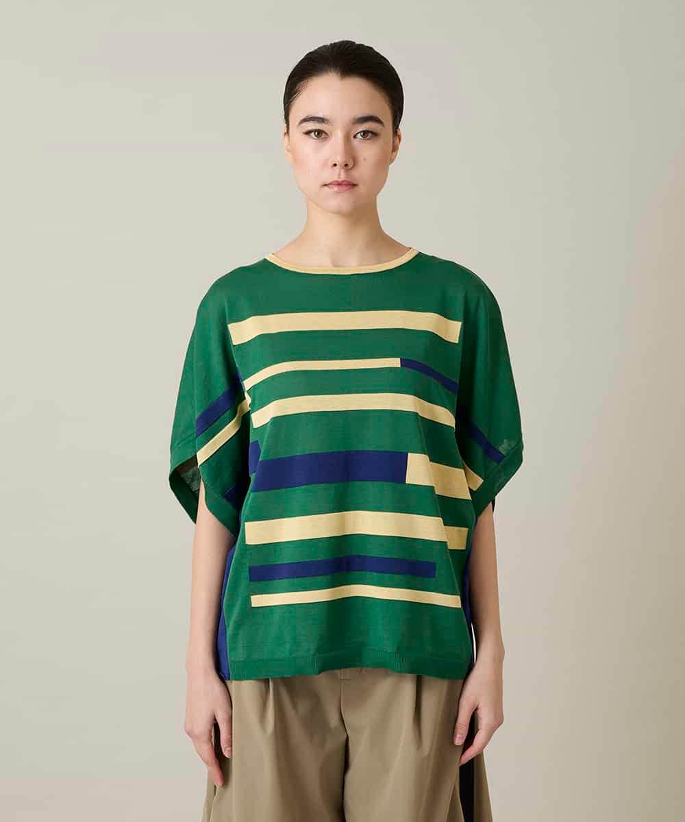 RSFFD23360 TRUNK HIROKO KOSHINO(ヒロココシノ) ハイゲージカラーブロックニットプルオーバー/日本製/洗える グリーン