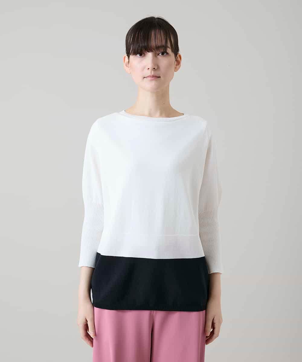 RSFGD20330 TRUNK HIROKO KOSHINO(ヒロココシノ) バイカラーホールガーメントニットプルオーバー/日本製/洗える ホワイト