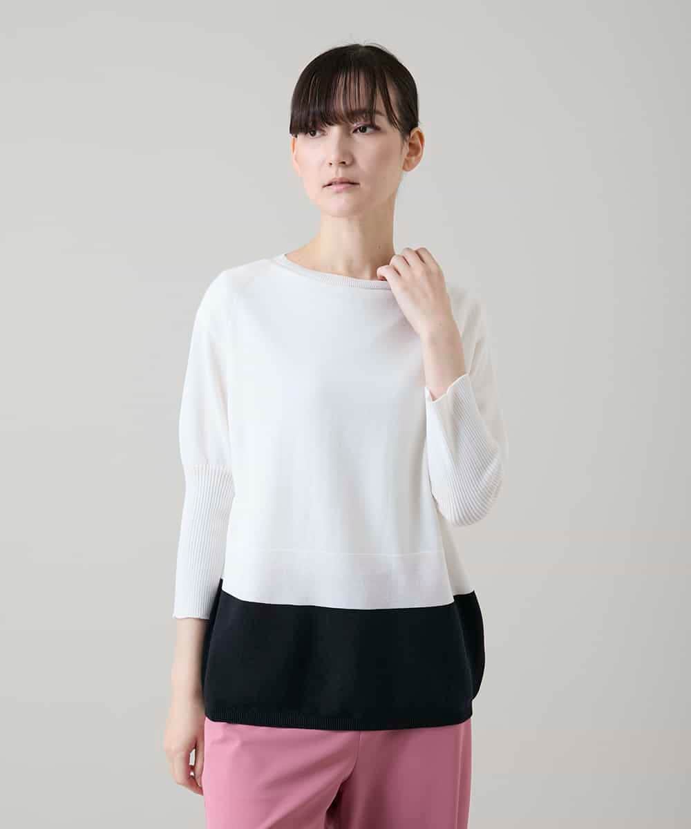 RSFGD20330 TRUNK HIROKO KOSHINO(ヒロココシノ) バイカラーホールガーメントニットプルオーバー/日本製/洗える ホワイト