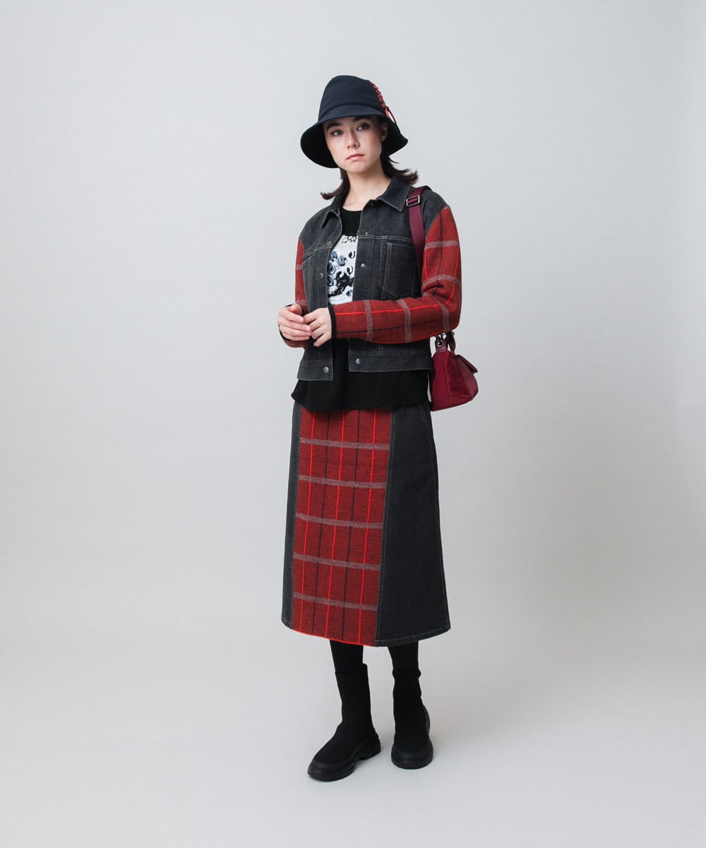 RSHAG03430 TRUNK HIROKO KOSHINO(ヒロココシノ) チェックニットジョイントデニム風スカート ブラック