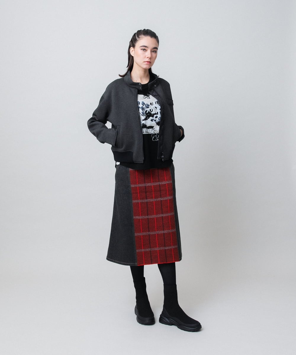 RSHAG03430 TRUNK HIROKO KOSHINO(ヒロココシノ) チェックニットジョイントデニム風スカート ブラック