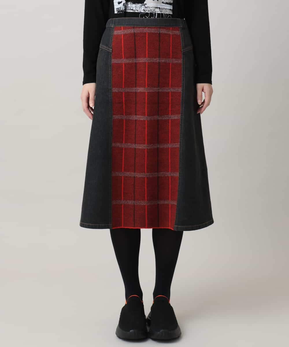 RSHAG03430 TRUNK HIROKO KOSHINO(ヒロココシノ) チェックニットジョイントデニム風スカート ブラック