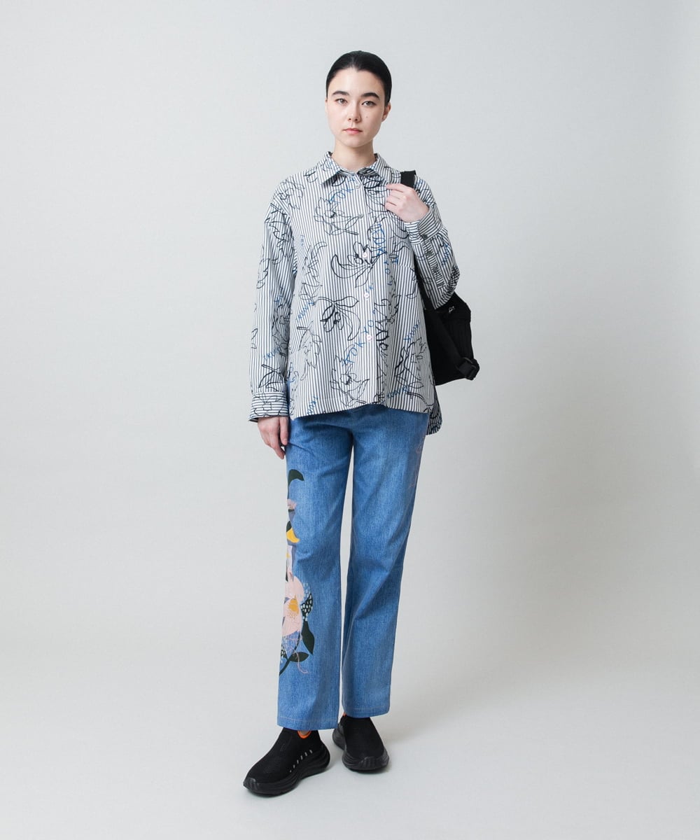 RSJEE27540 TRUNK HIROKO KOSHINO(ヒロココシノ) ストライプフラワーワイドシルエットシャツ /洗える グレー×ホワイト