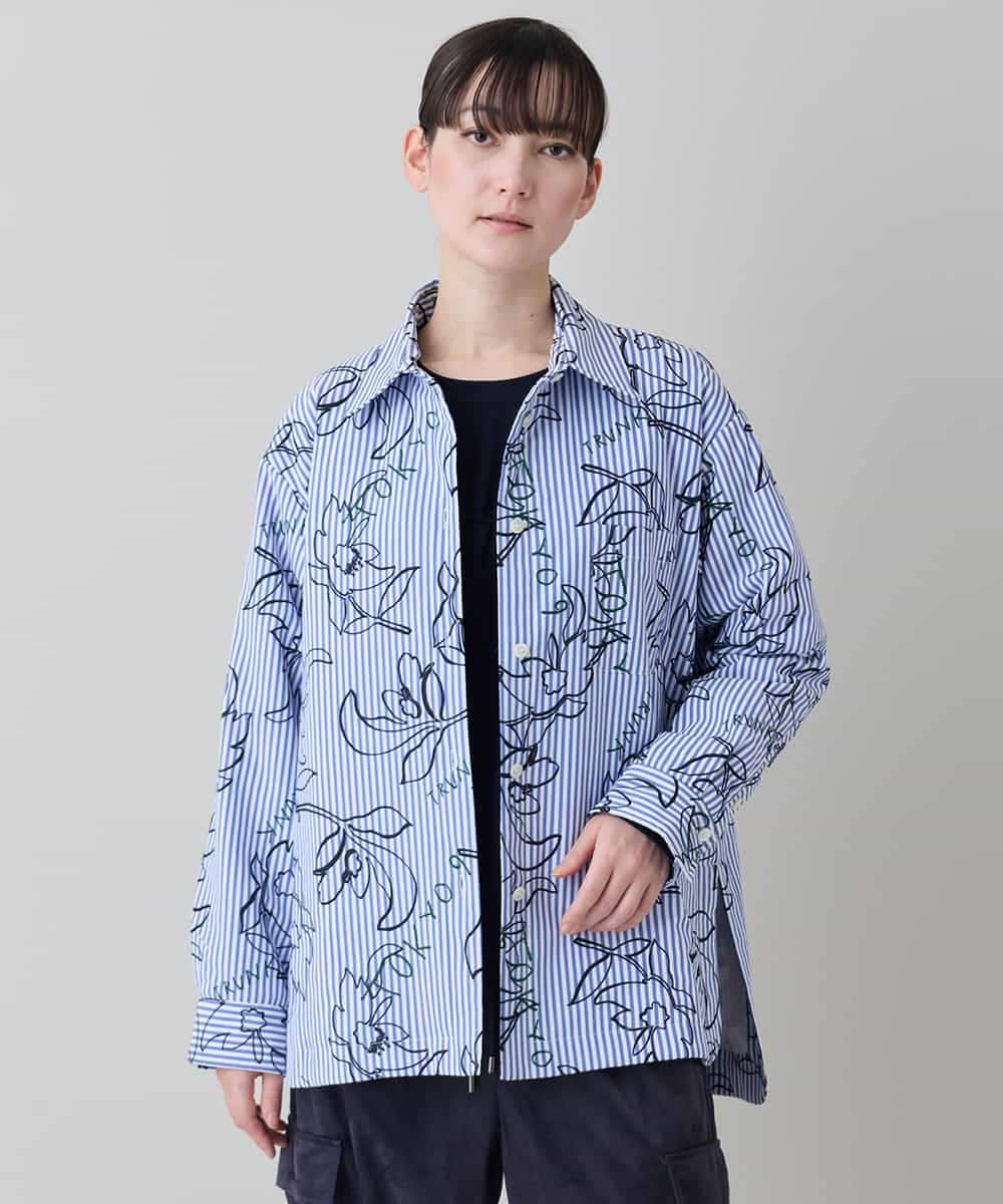 RSJEE27540 TRUNK HIROKO KOSHINO(ヒロココシノ) ストライプフラワーワイドシルエットシャツ /洗える ブルー×ホワイト