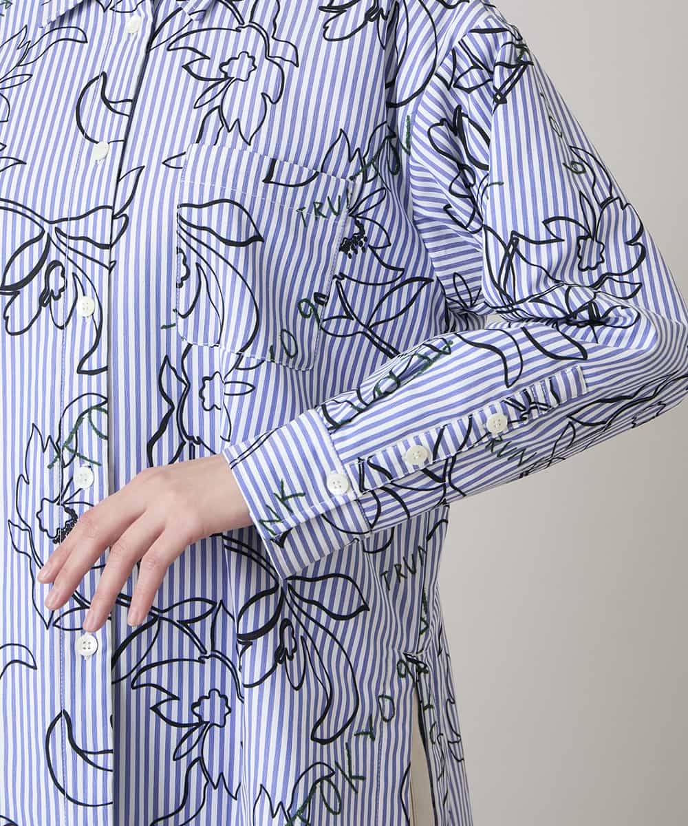 RSJEE27540 TRUNK HIROKO KOSHINO(ヒロココシノ) 【先行予約】ストライプフラワーワイドシルエットシャツ /洗える ブルー