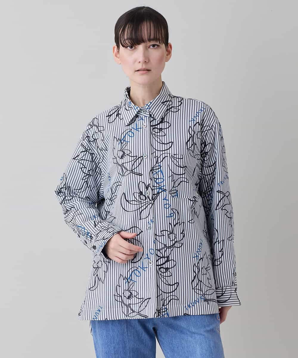 RSJEE27540 TRUNK HIROKO KOSHINO(ヒロココシノ) ストライプフラワーワイドシルエットシャツ /洗える グレー×ホワイト