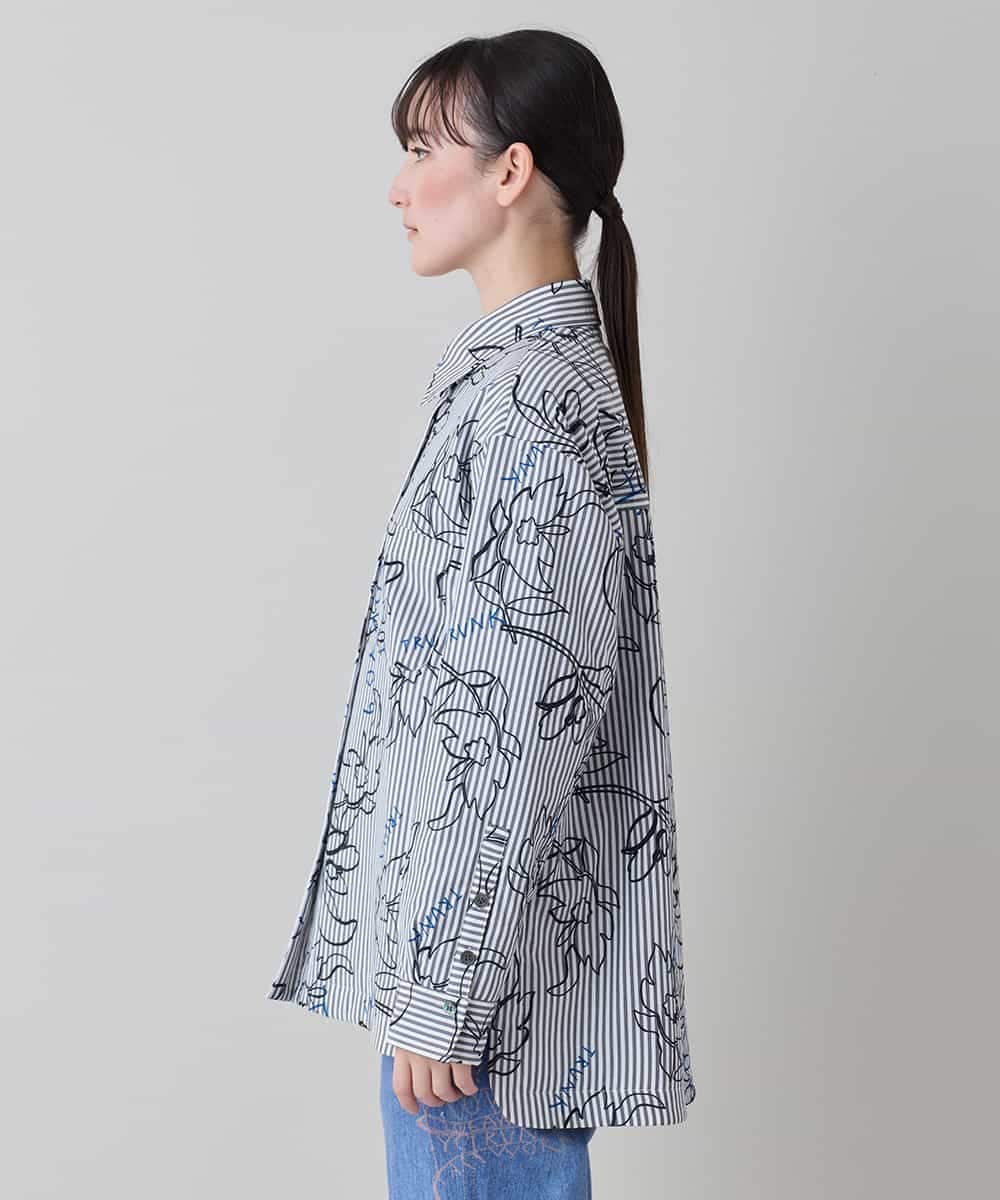 RSJEE27540 TRUNK HIROKO KOSHINO(ヒロココシノ) ストライプフラワーワイドシルエットシャツ /洗える グレー×ホワイト