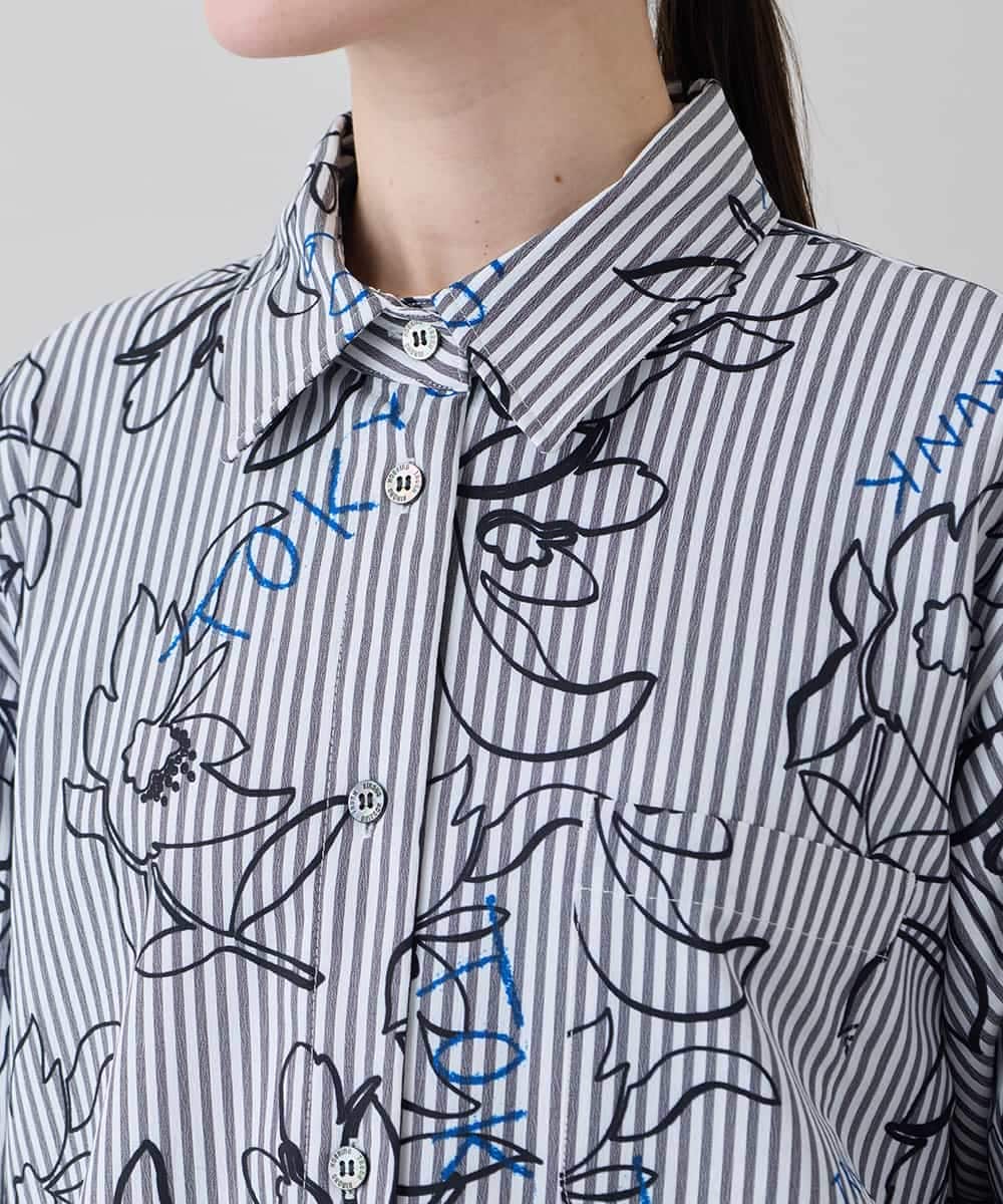 RSJEE27540 TRUNK HIROKO KOSHINO(ヒロココシノ) ストライプフラワーワイドシルエットシャツ /洗える グレー×ホワイト