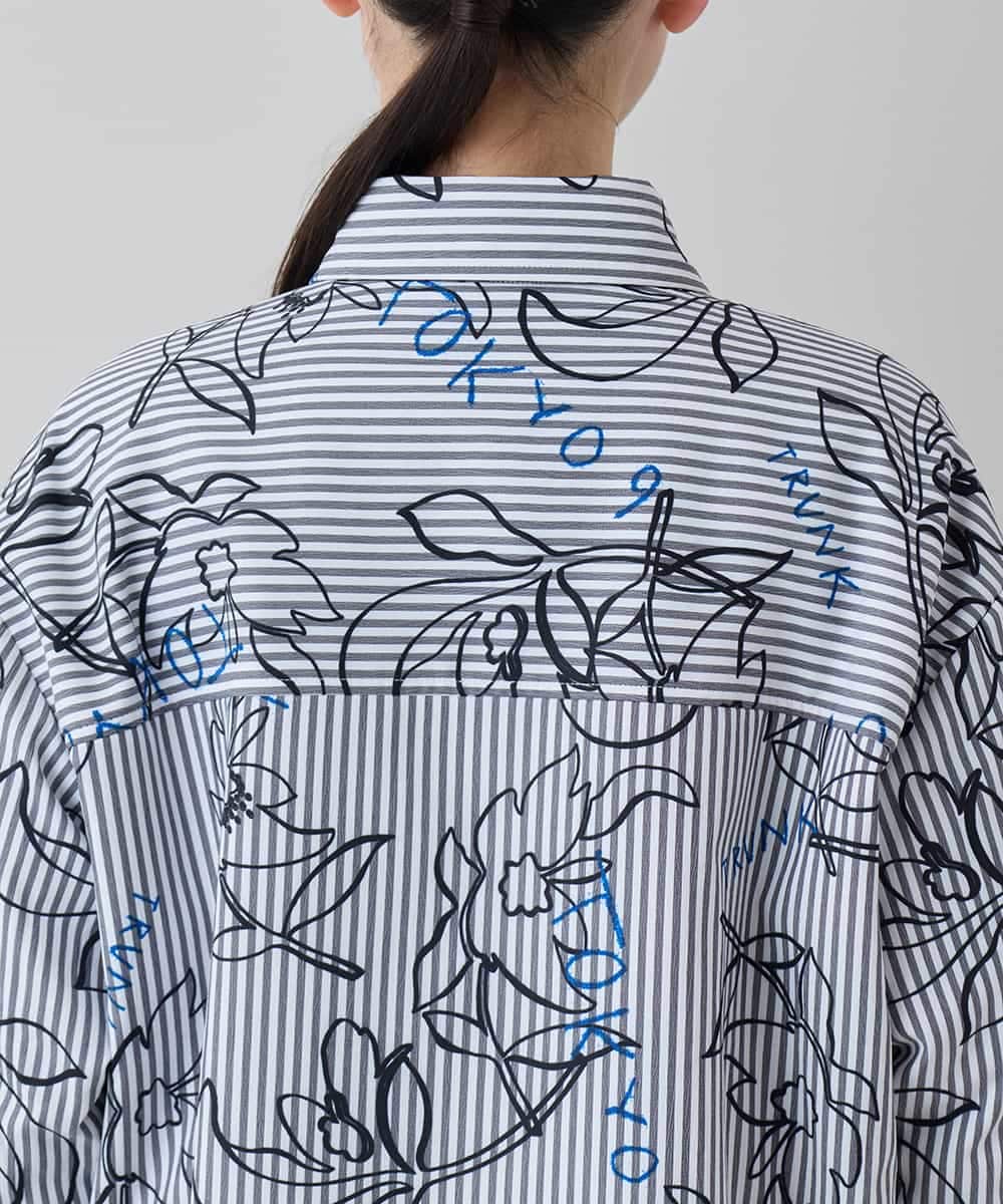 RSJEE27540 TRUNK HIROKO KOSHINO(ヒロココシノ) ストライプフラワーワイドシルエットシャツ /洗える グレー×ホワイト