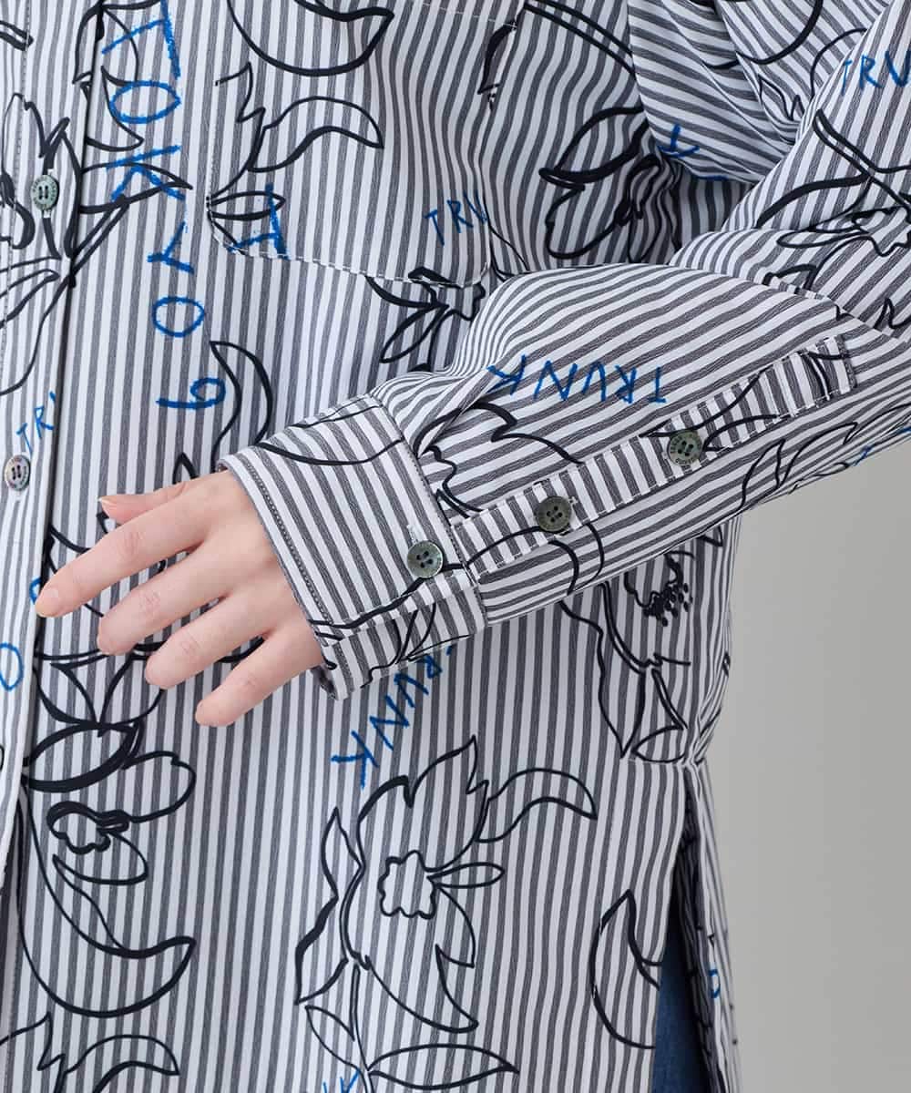 RSJEE27540 TRUNK HIROKO KOSHINO(ヒロココシノ) ストライプフラワーワイドシルエットシャツ /洗える グレー×ホワイト