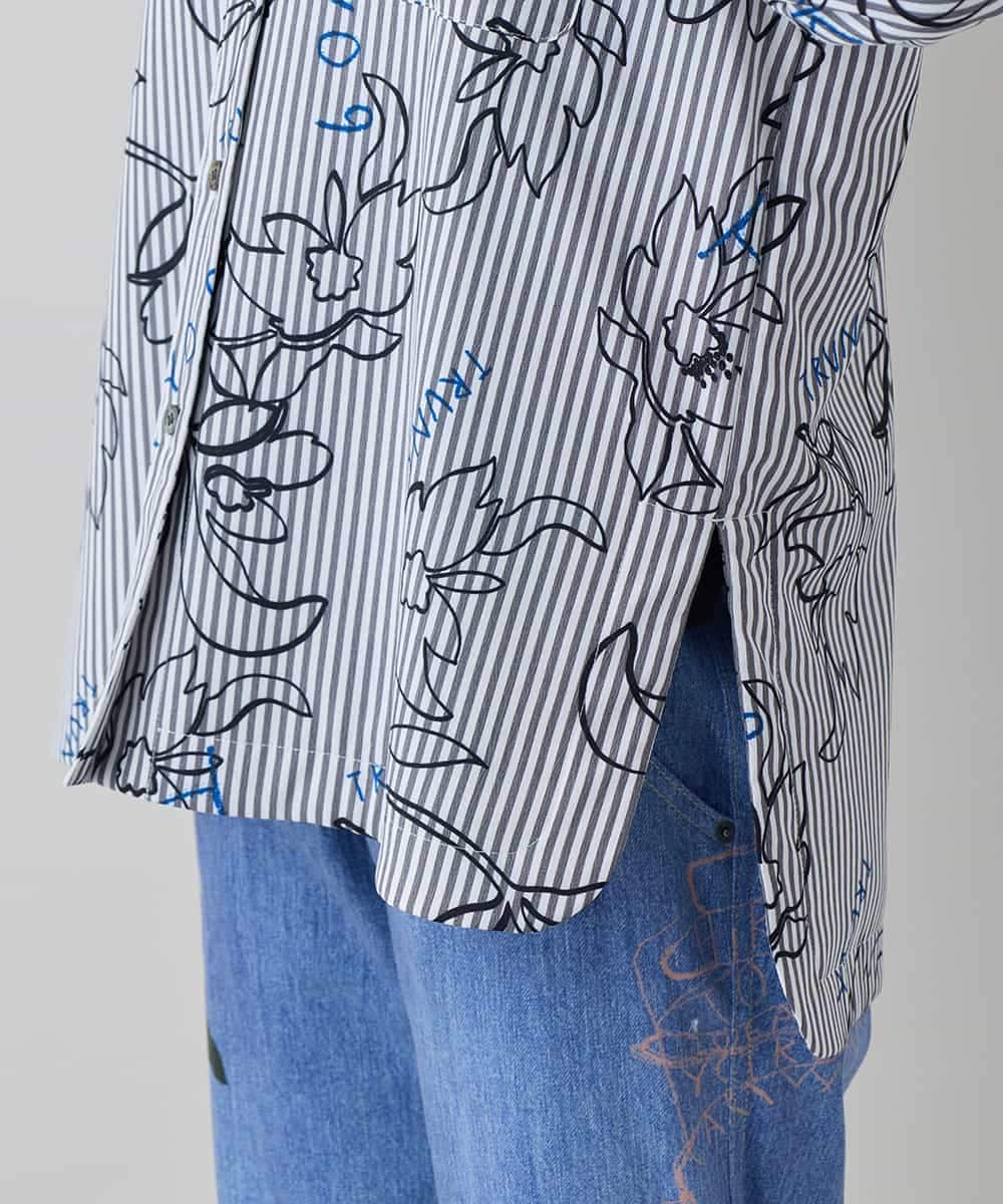 RSJEE27540 TRUNK HIROKO KOSHINO(ヒロココシノ) ストライプフラワーワイドシルエットシャツ /洗える グレー×ホワイト