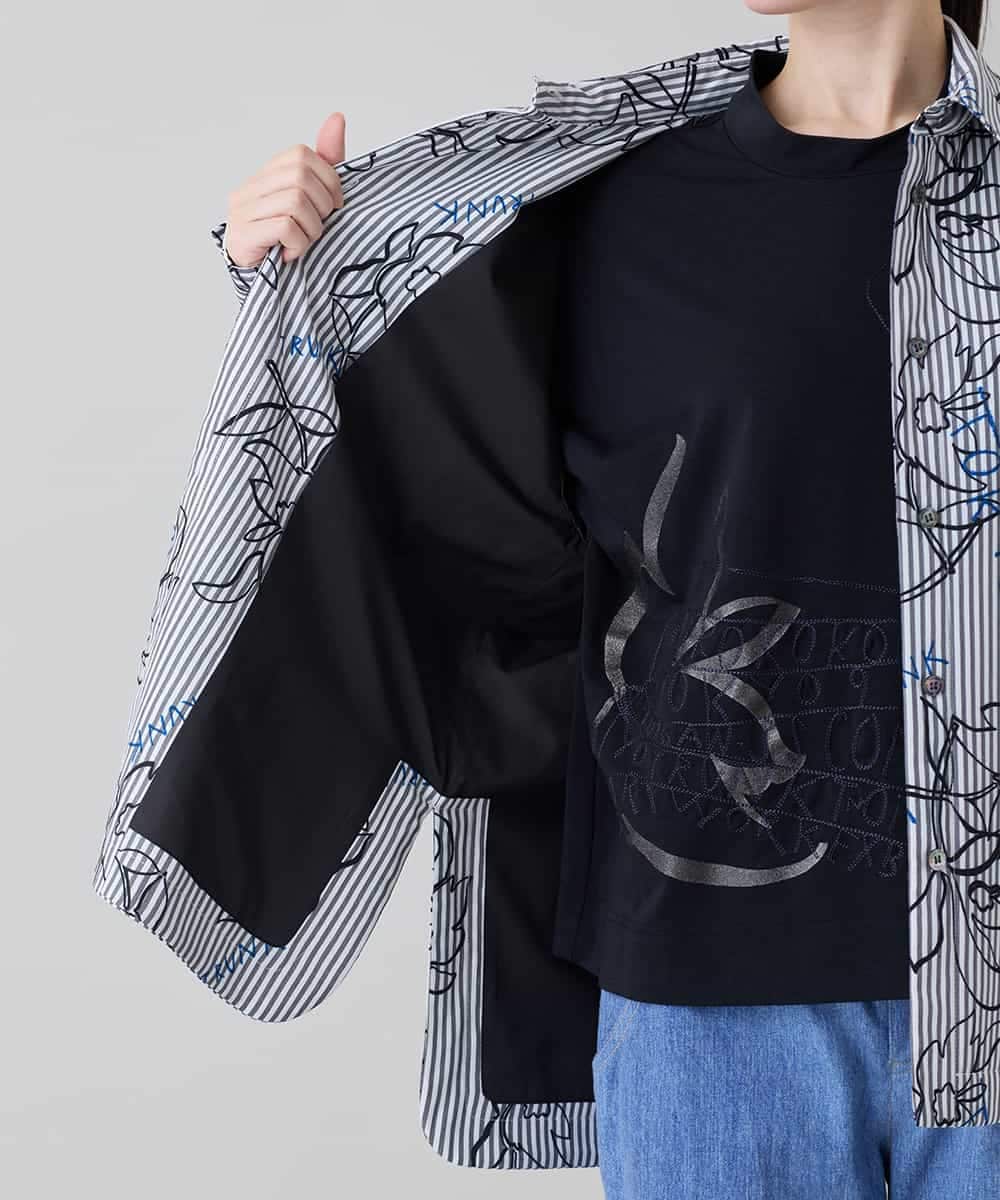 RSJEE27540 TRUNK HIROKO KOSHINO(ヒロココシノ) ストライプフラワーワイドシルエットシャツ /洗える グレー×ホワイト