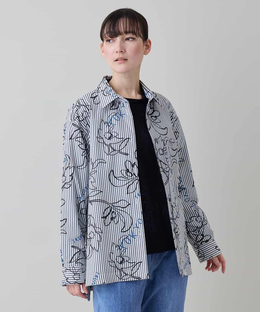 RSJEE27540 TRUNK HIROKO KOSHINO ストライプフラワーワイドシルエットシャツ /洗える