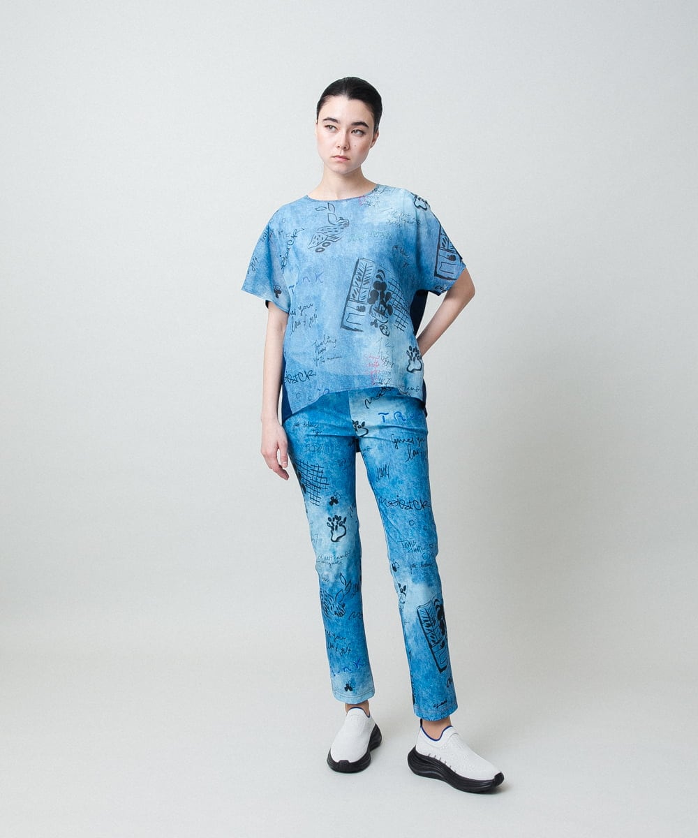 RSKGD05360 TRUNK HIROKO KOSHINO(ヒロココシノ) デニム風アートプリントカットソー/日本製/洗える レッド