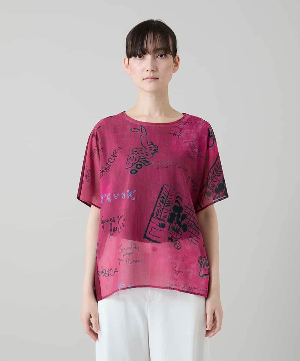 RSKGD05360 TRUNK HIROKO KOSHINO(ヒロココシノ) デニム風アートプリントカットソー/日本製/洗える レッド