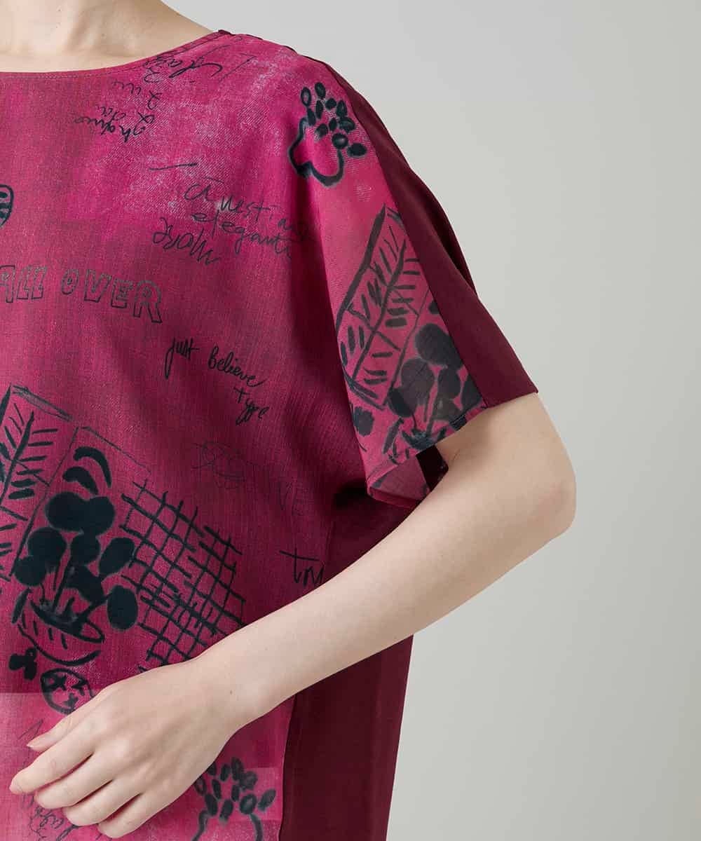 RSKGD05360 TRUNK HIROKO KOSHINO(ヒロココシノ) デニム風アートプリントカットソー/日本製/洗える レッド