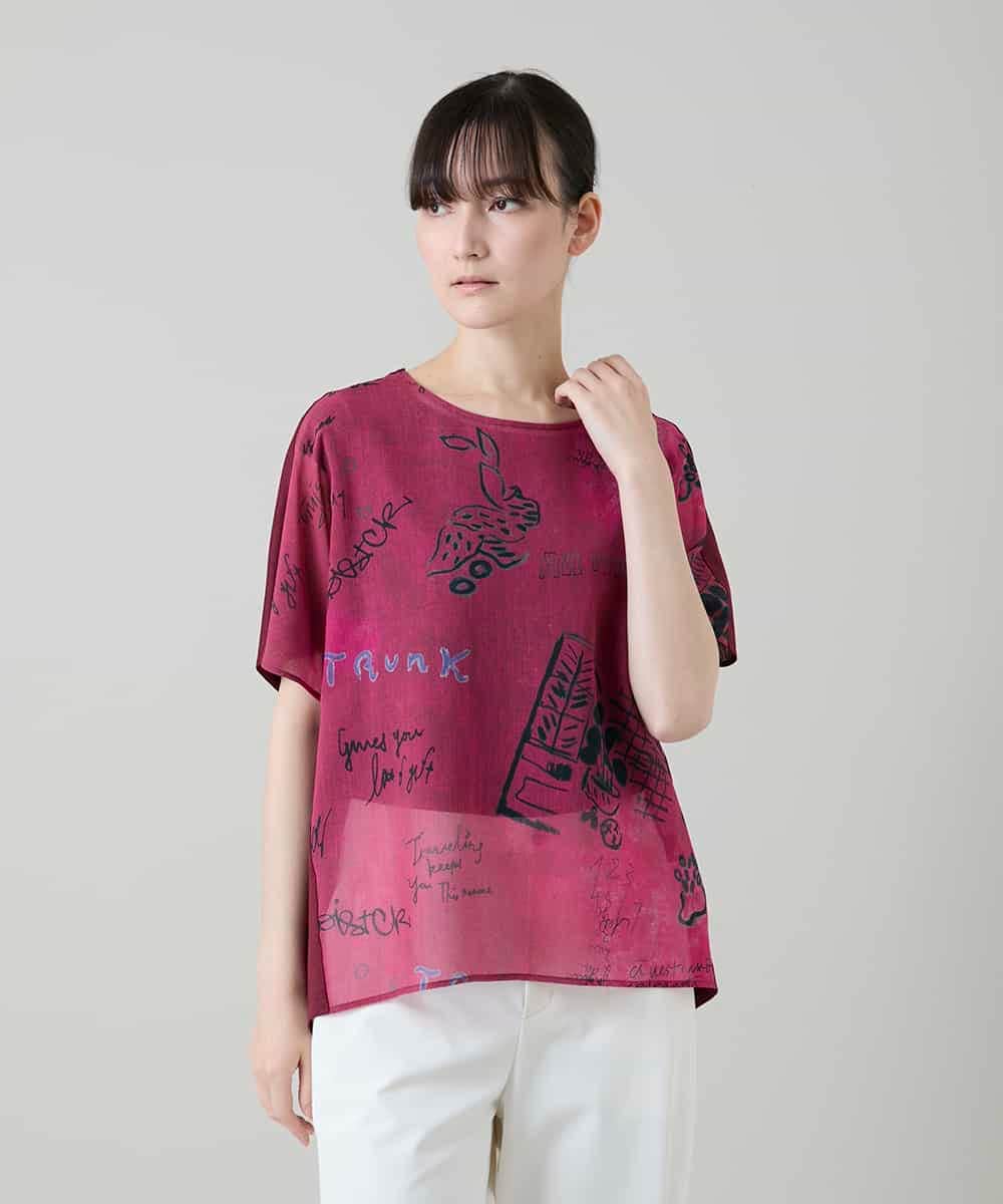 RSKGD05360 TRUNK HIROKO KOSHINO(ヒロココシノ) デニム風アートプリントカットソー/日本製/洗える レッド