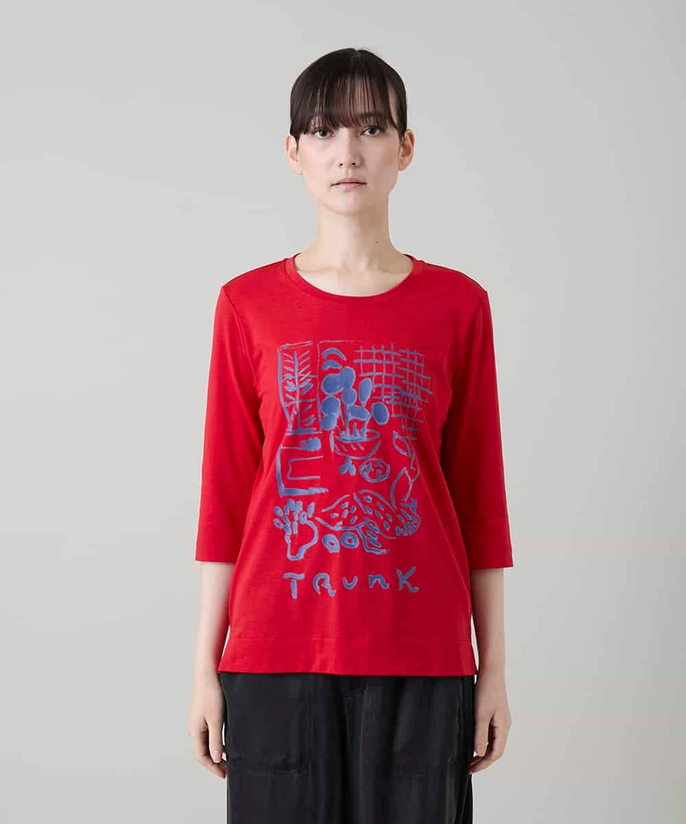 RSKGD07270 TRUNK HIROKO KOSHINO(ヒロココシノ) ウィンドウプリントカットソー/日本製/洗える レッド