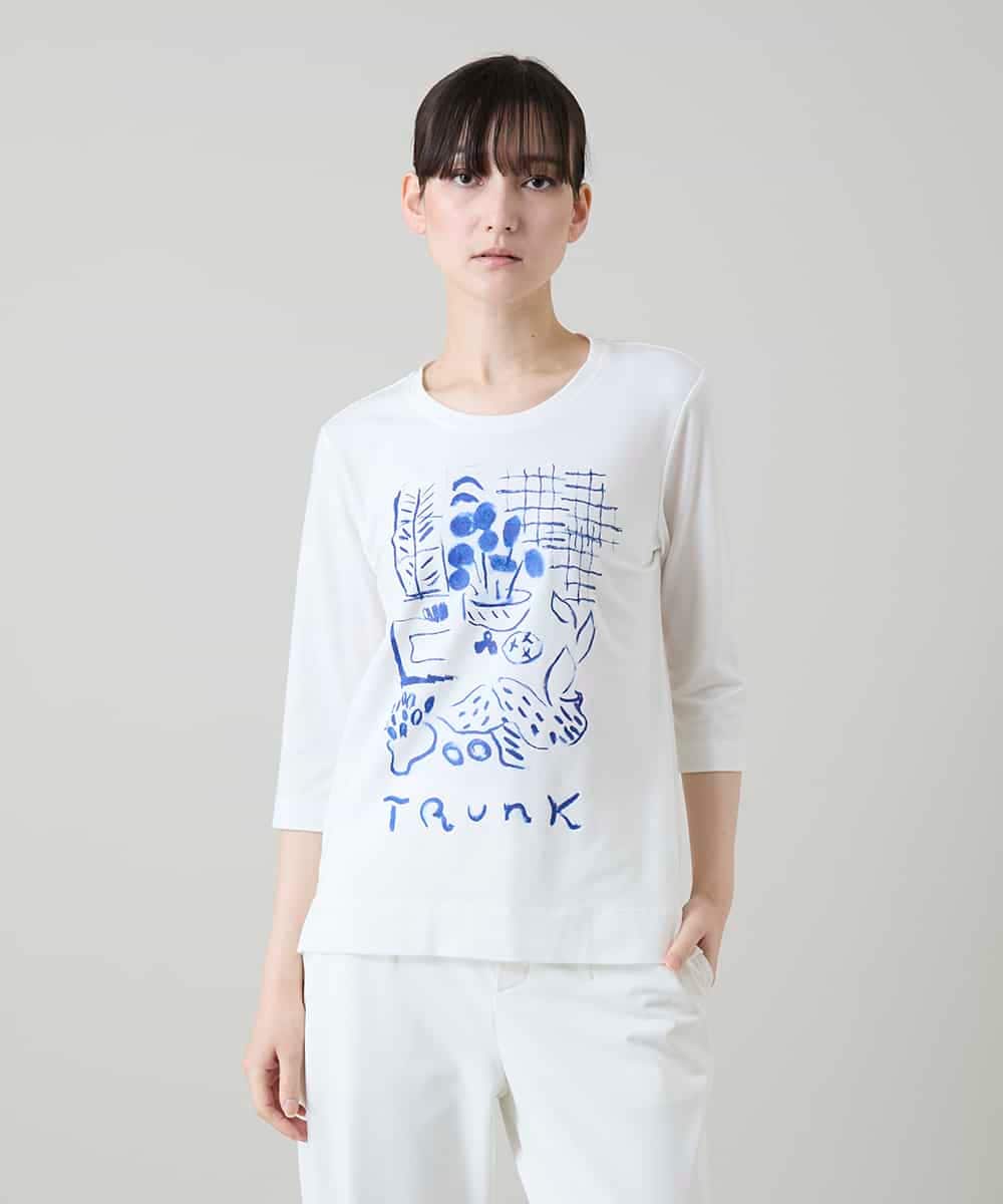 RSKGD07270 TRUNK HIROKO KOSHINO(ヒロココシノ) ウィンドウプリントカットソー/日本製/洗える ホワイト