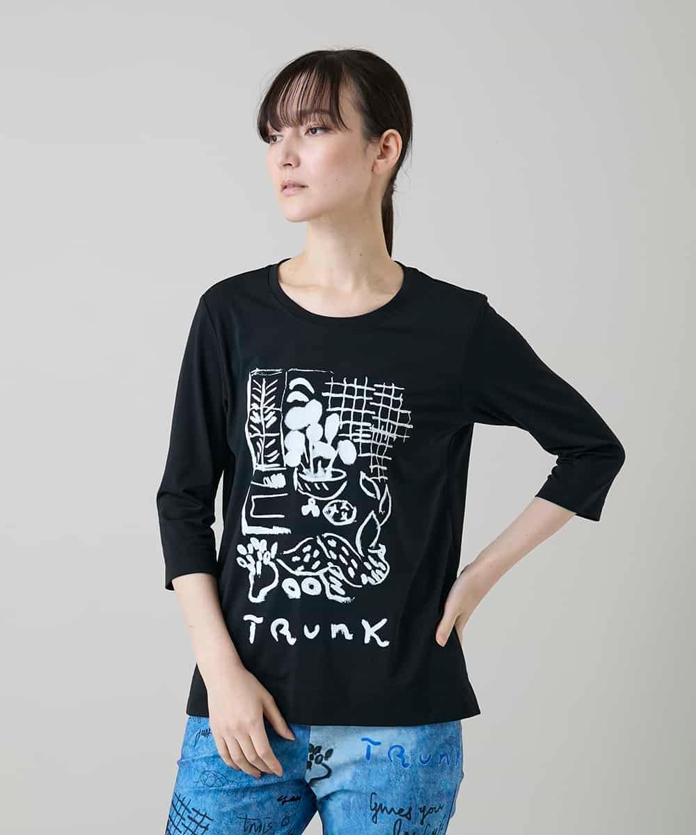 RSKGD07270 TRUNK HIROKO KOSHINO(ヒロココシノ) ウィンドウプリントカットソー/日本製/洗える ブラック