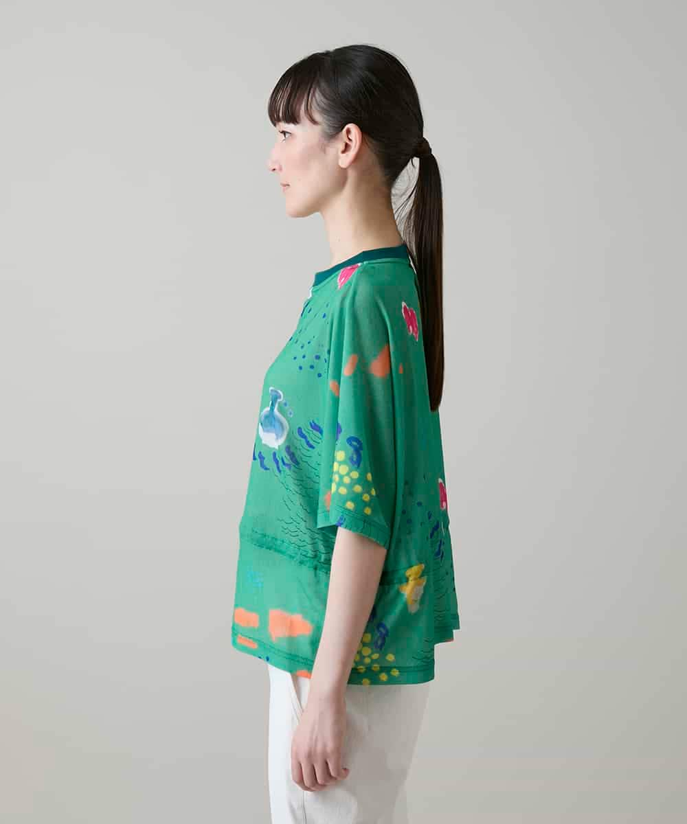 RSKGE04360 TRUNK HIROKO KOSHINO(ヒロココシノ) カラフルプリントシアーカットソー /洗える グリーン