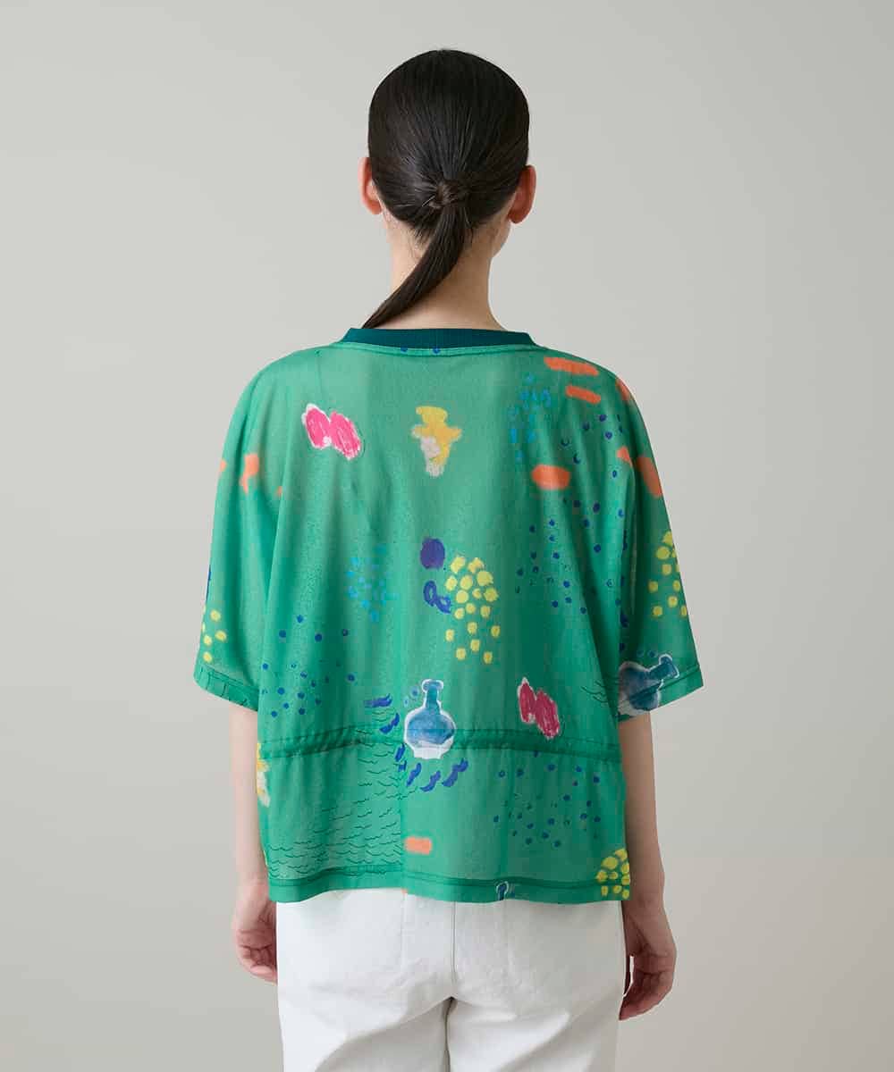 RSKGE04360 TRUNK HIROKO KOSHINO(ヒロココシノ) カラフルプリントシアーカットソー /洗える グリーン