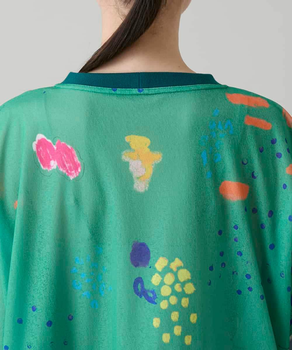 RSKGE04360 TRUNK HIROKO KOSHINO(ヒロココシノ) カラフルプリントシアーカットソー /洗える グリーン