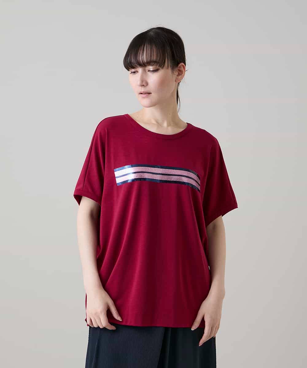 RSKGE16290 TRUNK HIROKO KOSHINO(ヒロココシノ) スパンコールラインドルマンカットソー/日本製/洗える レッド