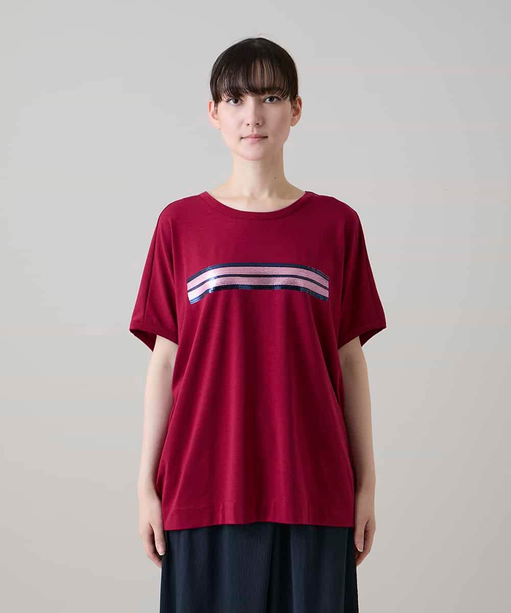 RSKGE16290 TRUNK HIROKO KOSHINO(ヒロココシノ) スパンコールラインドルマンカットソー/日本製/洗える レッド