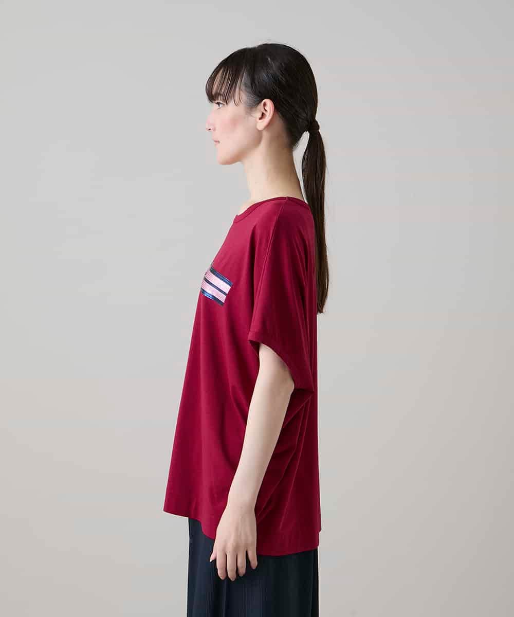 RSKGE16290 TRUNK HIROKO KOSHINO(ヒロココシノ) スパンコールラインドルマンカットソー/日本製/洗える レッド
