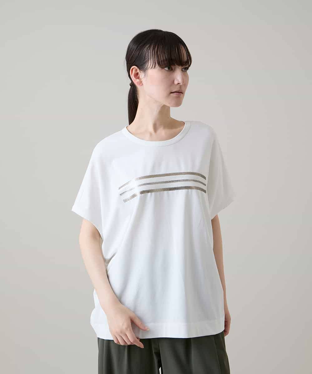 RSKGE16290 TRUNK HIROKO KOSHINO(ヒロココシノ) スパンコールラインドルマンカットソー/日本製/洗える ホワイト