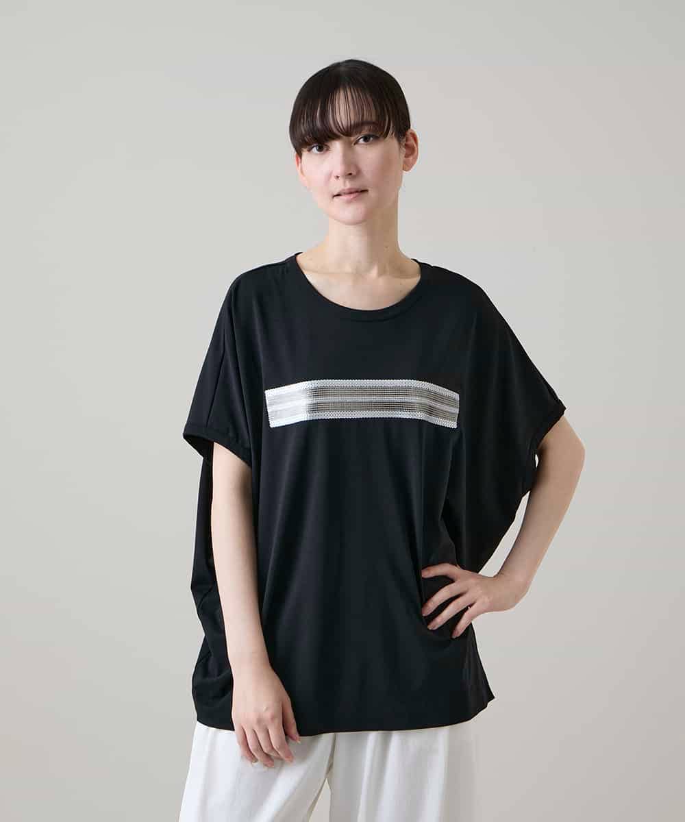 RSKGE16290 TRUNK HIROKO KOSHINO(ヒロココシノ) スパンコールラインドルマンカットソー/日本製/洗える ブラック