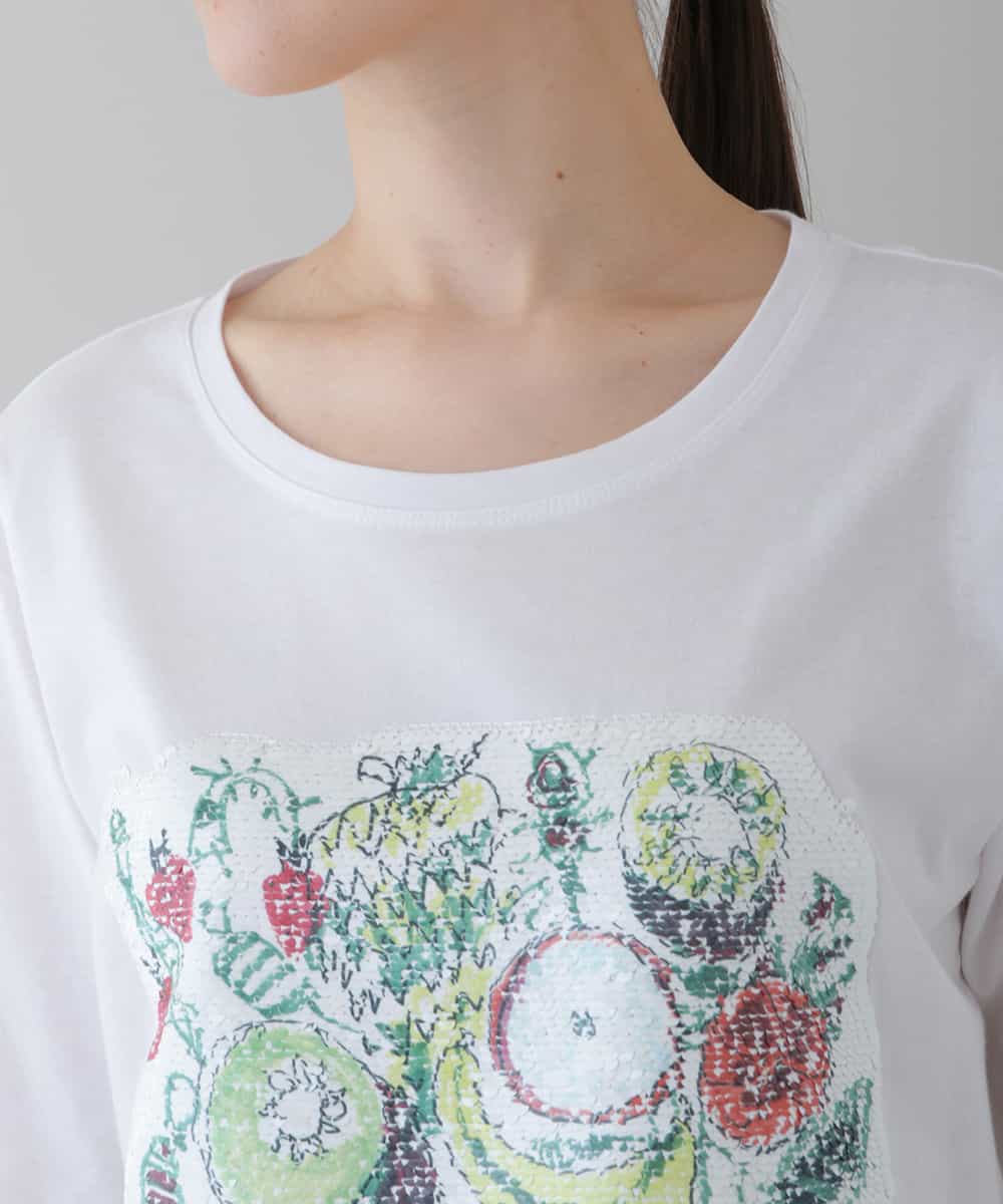 RSKGU14290 TRUNK HIROKO KOSHINO(ヒロココシノ) 【洗濯機で洗える/日本製】フルーツ柄スパンコールギミックTシャツ ホワイト